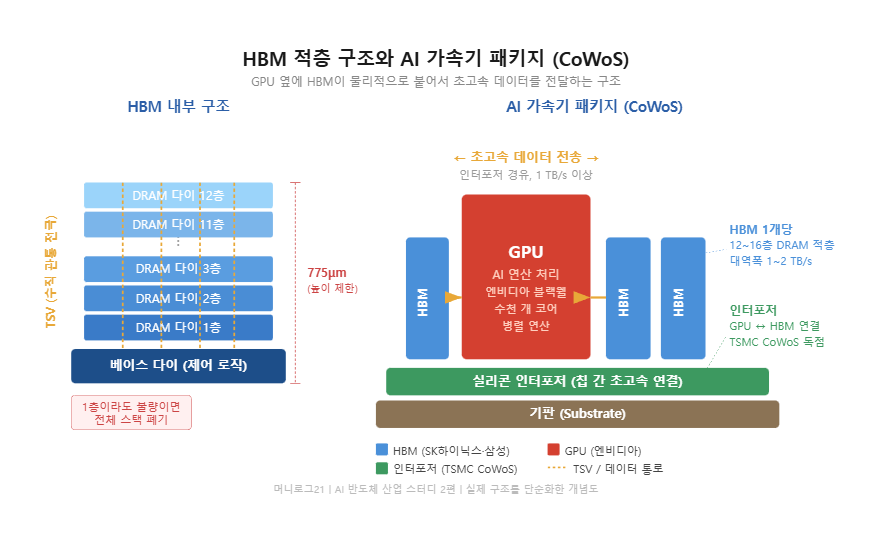 HBM 고대역폭메모리 적층 구조 TSV 연결과 AI 가속기 CoWoS 패키지 GPU HBM 인터포저 연결 개념도